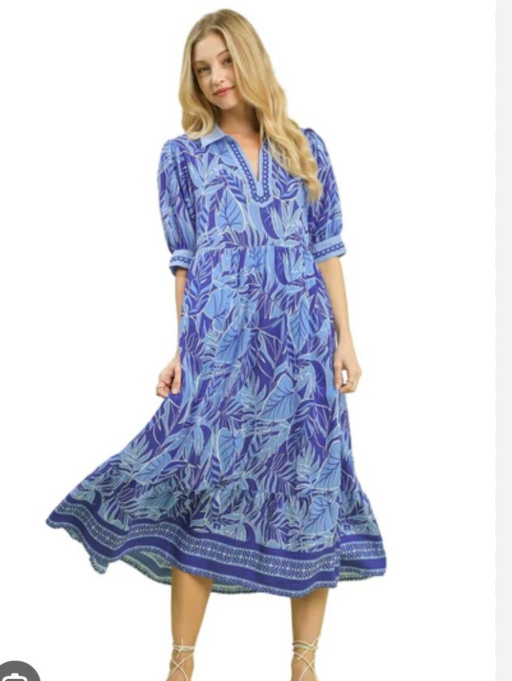 Umgee Womens Size L Blue Leaf-Print Midi Dress